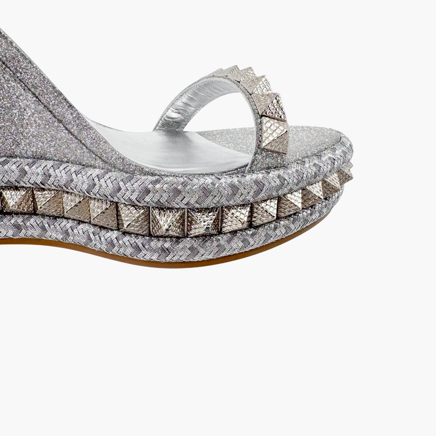 Christian Louboutin Pyraclou 110 Spike-Embellished Wedge Sandals in Silver Glitter Size 39