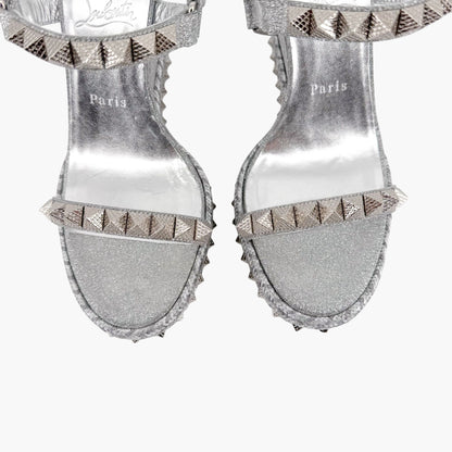 Christian Louboutin Pyraclou 110 Spike-Embellished Wedge Sandals in Silver Glitter Size 39