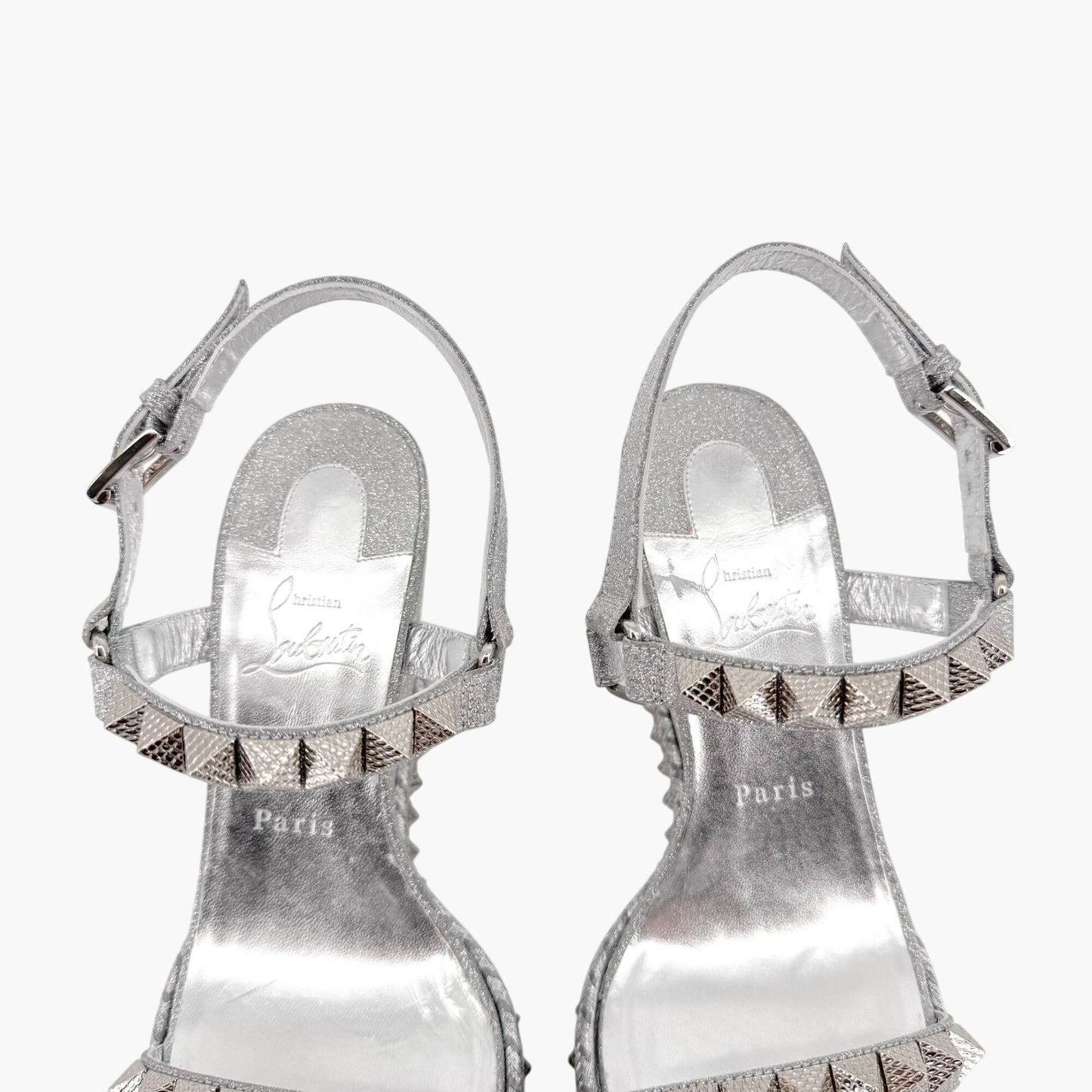 Christian Louboutin Pyraclou 110 Spike-Embellished Wedge Sandals in Silver Glitter Size 39