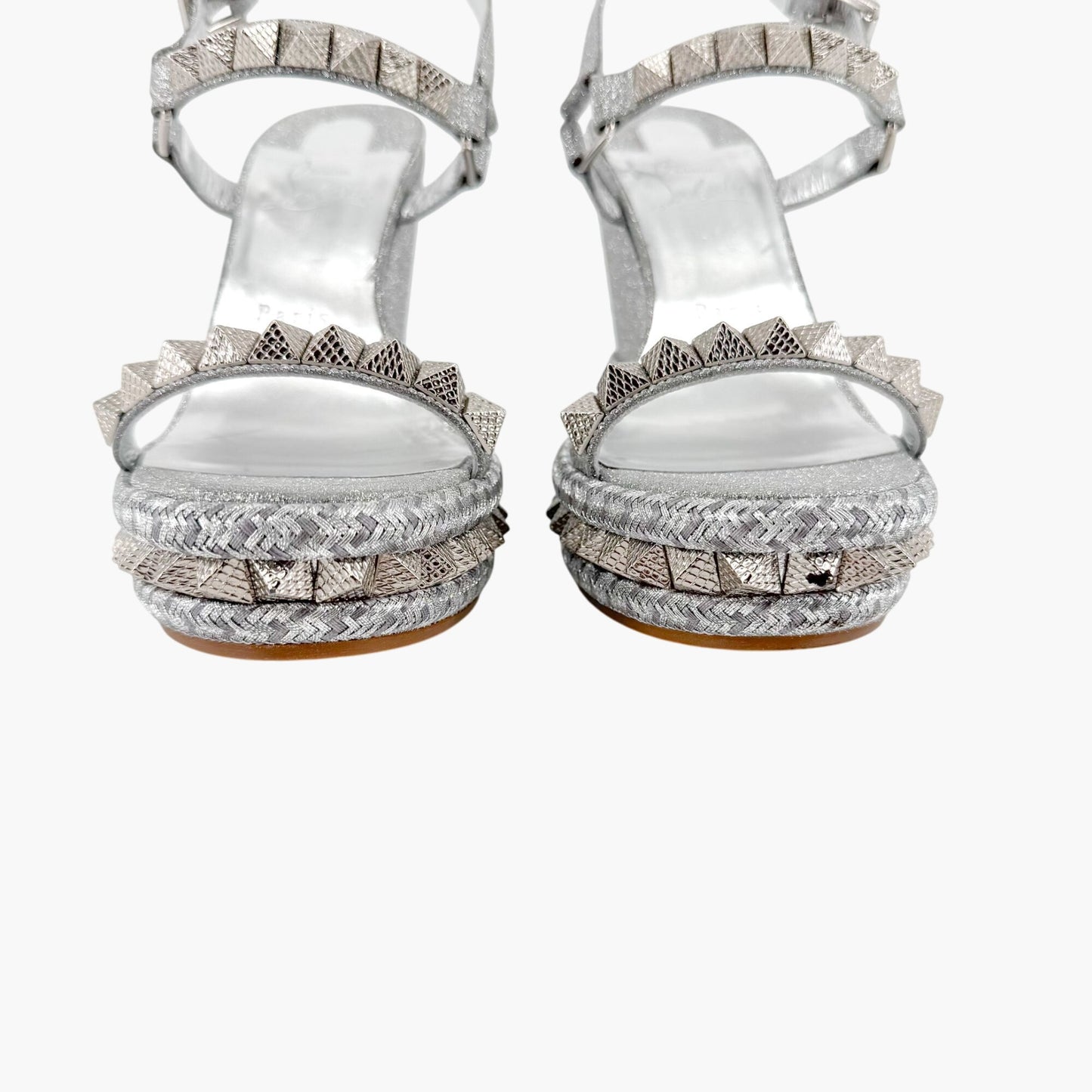 Christian Louboutin Pyraclou 110 Spike-Embellished Wedge Sandals in Silver Glitter Size 39