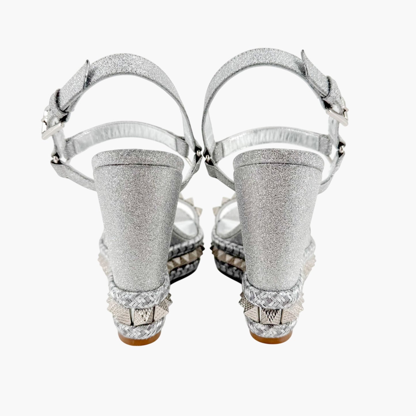 Christian Louboutin Pyraclou 110 Spike-Embellished Wedge Sandals in Silver Glitter Size 39