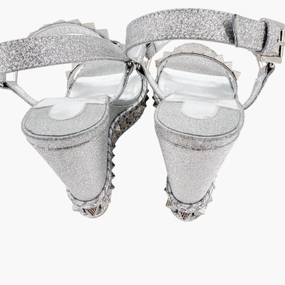 Christian Louboutin Pyraclou 110 Spike-Embellished Wedge Sandals in Silver Glitter Size 39