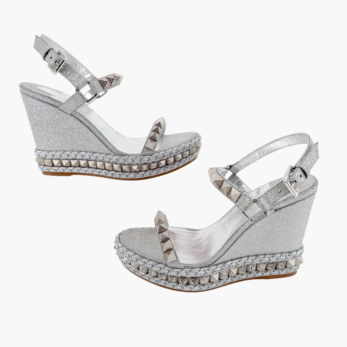 Christian Louboutin Pyraclou 110 Spike-Embellished Wedge Sandals in Silver Glitter Size 39