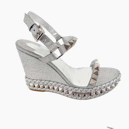 Christian Louboutin Pyraclou 110 Spike-Embellished Wedge Sandals in Silver Glitter Size 39