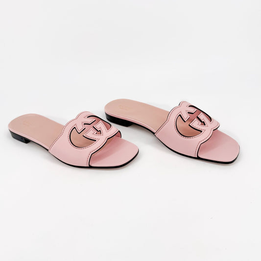 Gucci Cosmos Interlocking GG Cutout Slide Sandals in Pink Leather Size 40