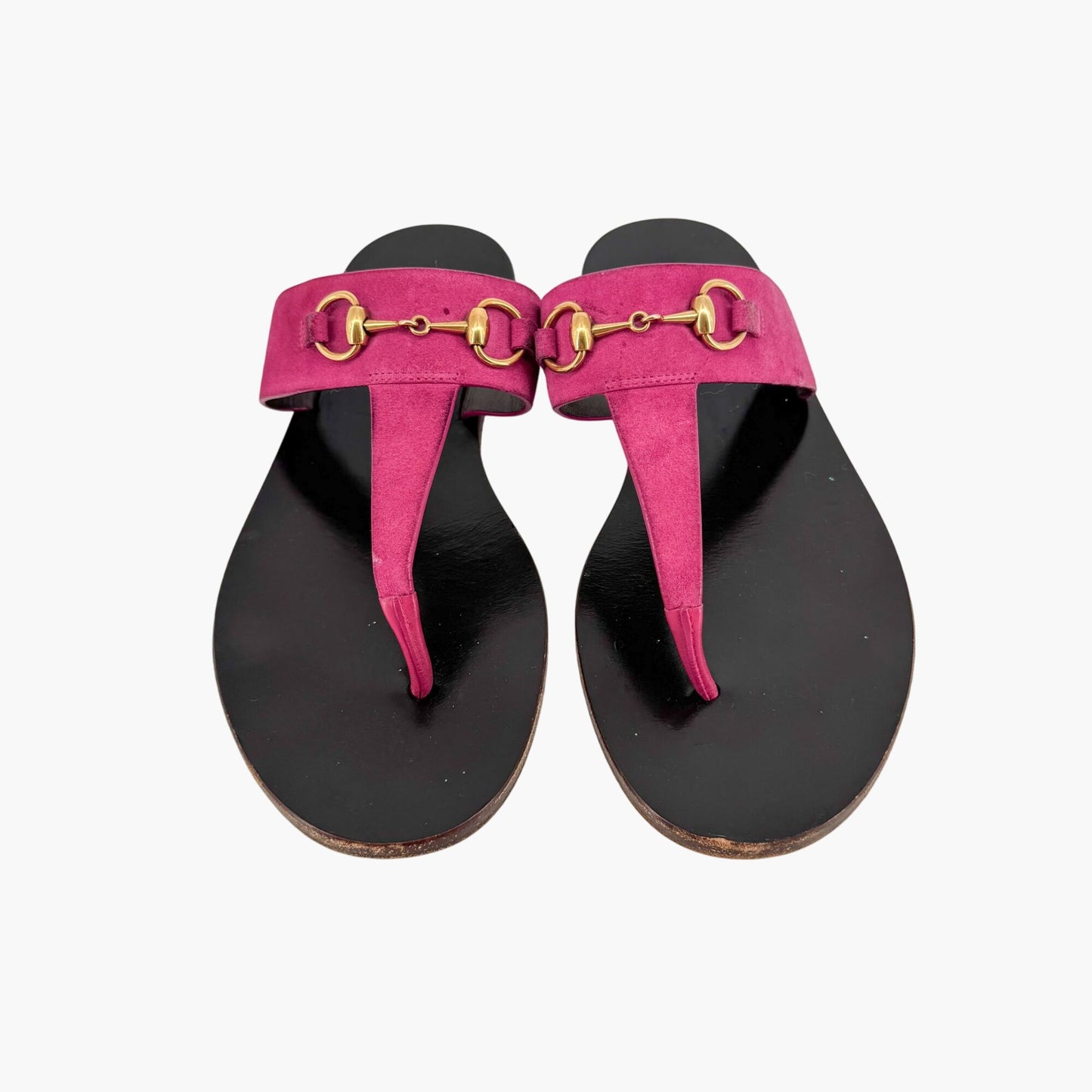 Gucci Horsebit T-Strap Thong Sandals in Fuchsia Pink Suede – Size 38