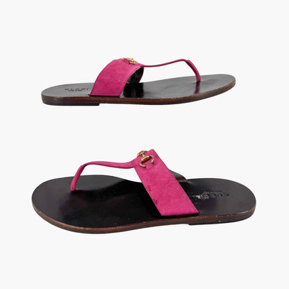 Gucci Horsebit T-Strap Thong Sandals in Fuchsia Pink Suede – Size 38
