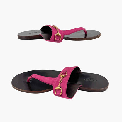 Gucci Horsebit T-Strap Thong Sandals in Fuchsia Pink Suede – Size 38