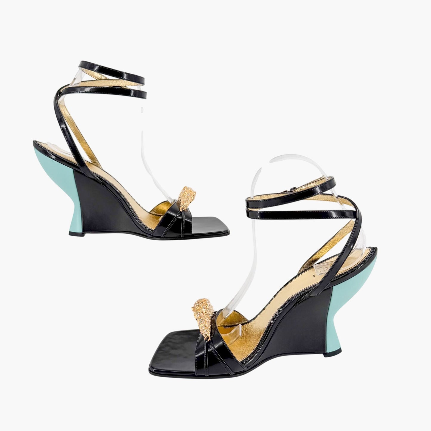 Gucci Regent Dora Snake Head Wedge Sandals Black Size 37