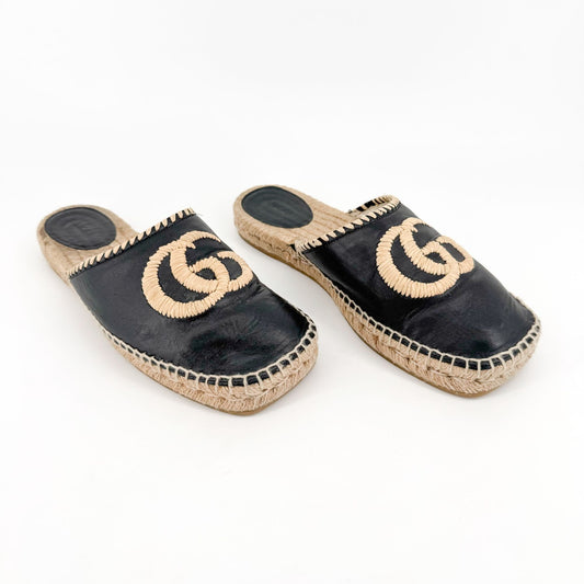 Gucci GG Embroidered Espadrille Mule in Black Leather Size 38