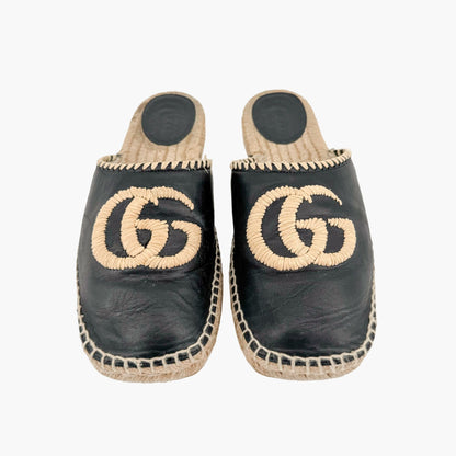 Gucci GG Embroidered Espadrille Mule in Black Leather Size 38