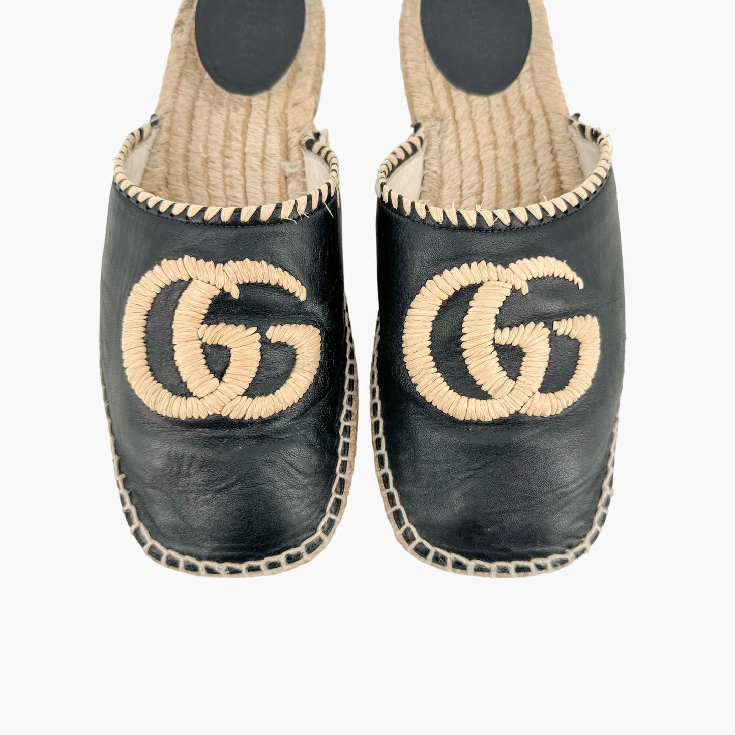 Gucci GG Embroidered Espadrille Mule in Black Leather Size 38