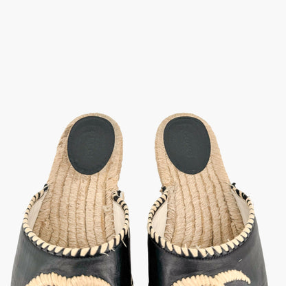 Gucci GG Embroidered Espadrille Mule in Black Leather Size 38