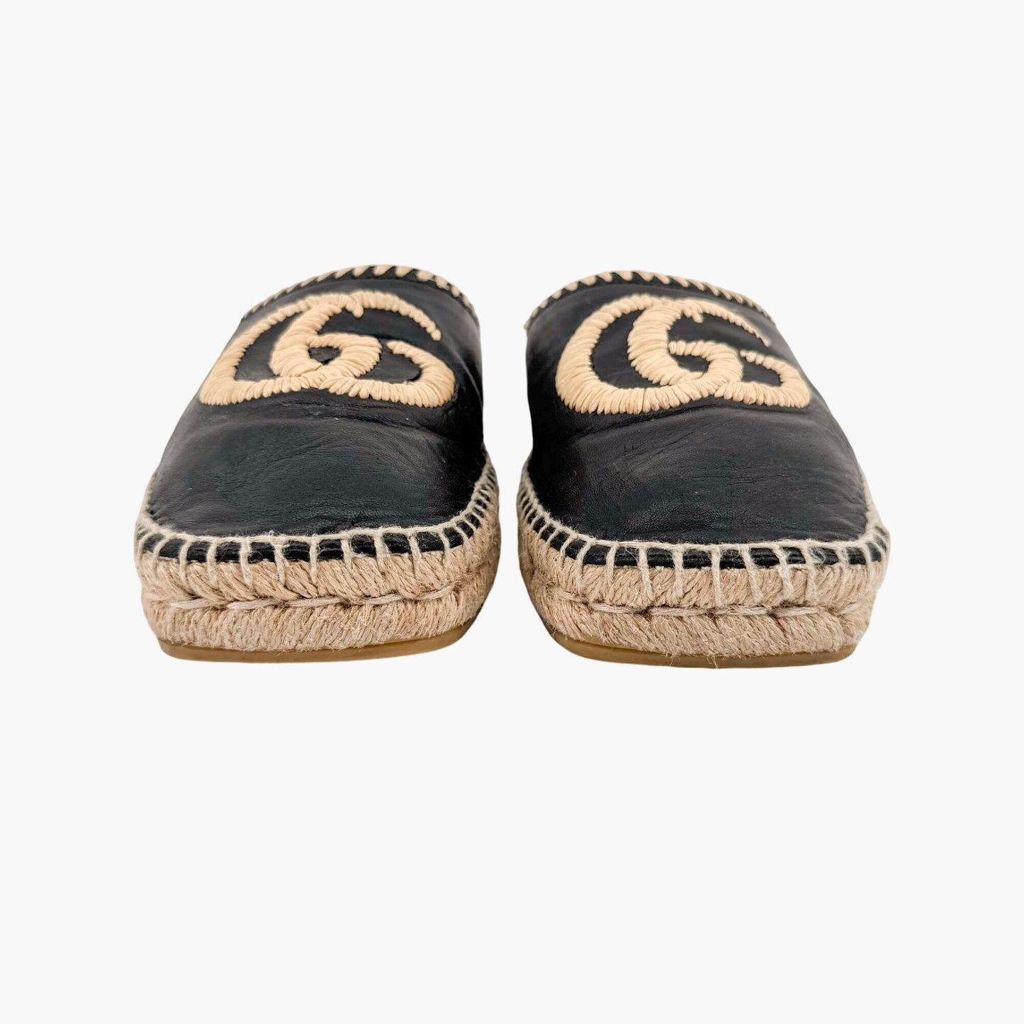 Gucci GG Embroidered Espadrille Mule in Black Leather Size 38