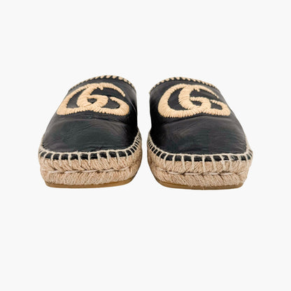 Gucci GG Embroidered Espadrille Mule in Black Leather Size 38