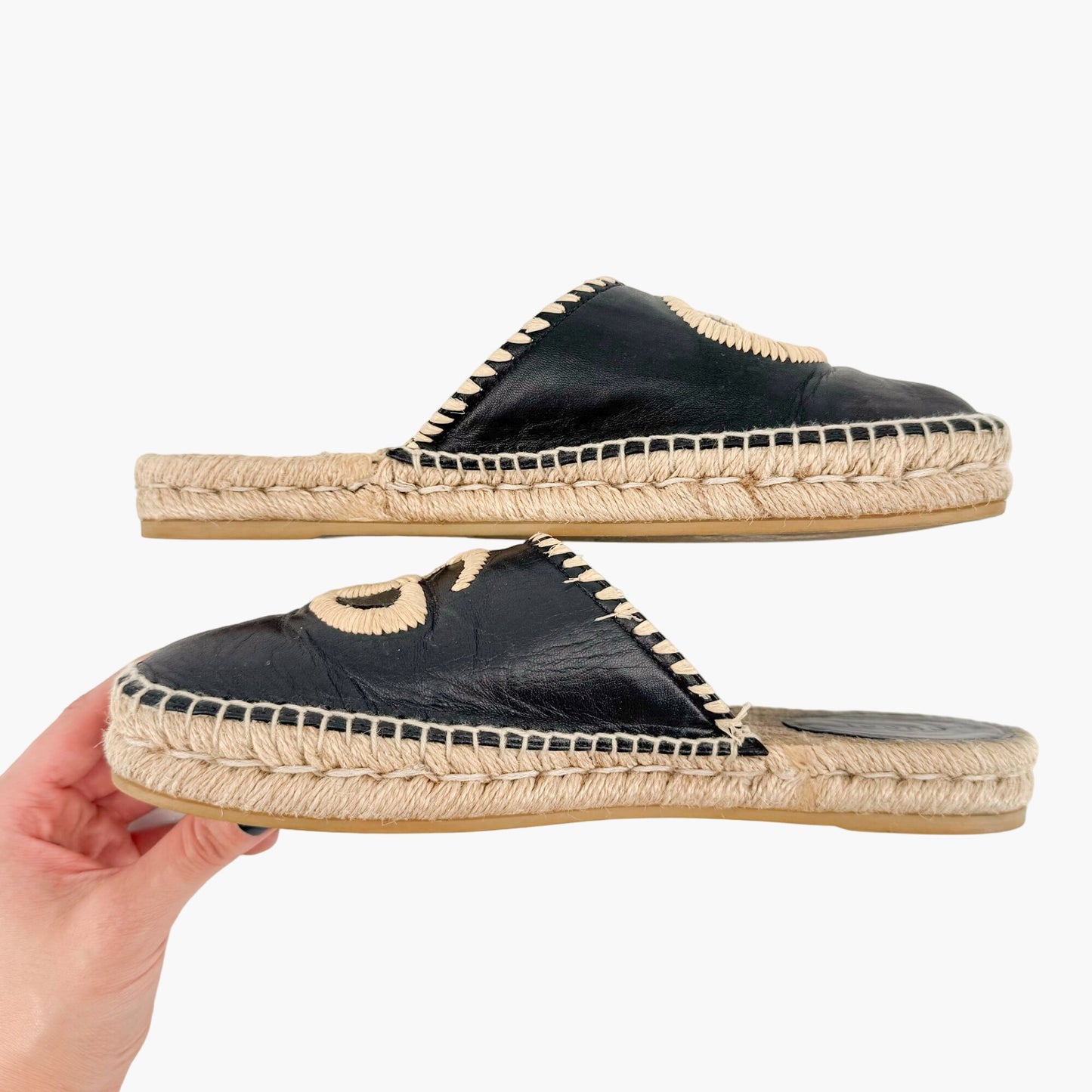 Gucci GG Embroidered Espadrille Mule in Black Leather Size 38