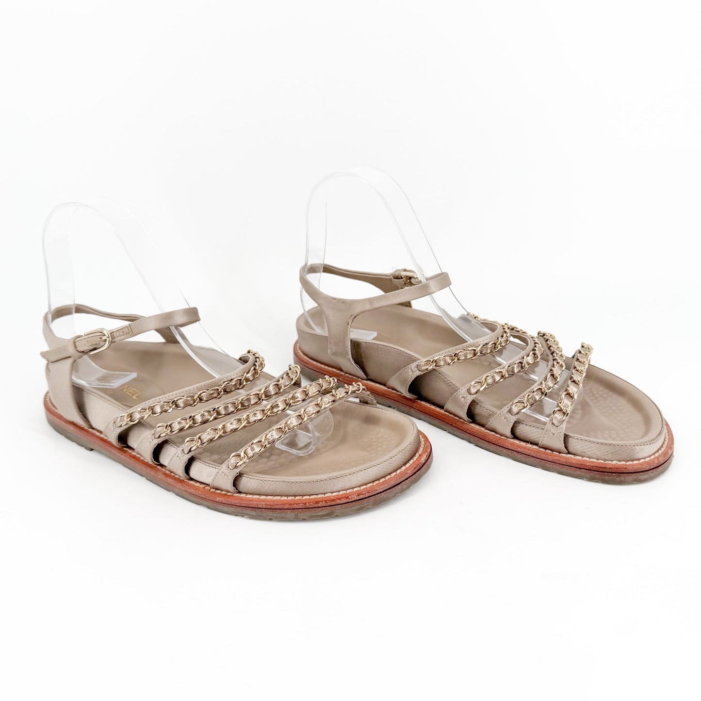 Chanel Chain Dad Sandals Gold Satin Size 38.5