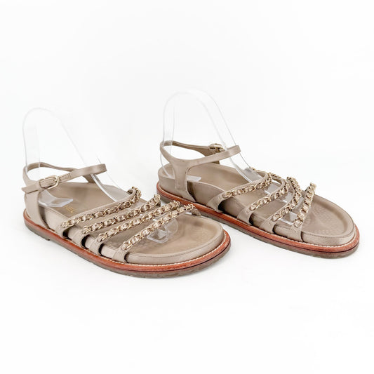 Chanel Chain Dad Sandals Gold Satin Size 38.5