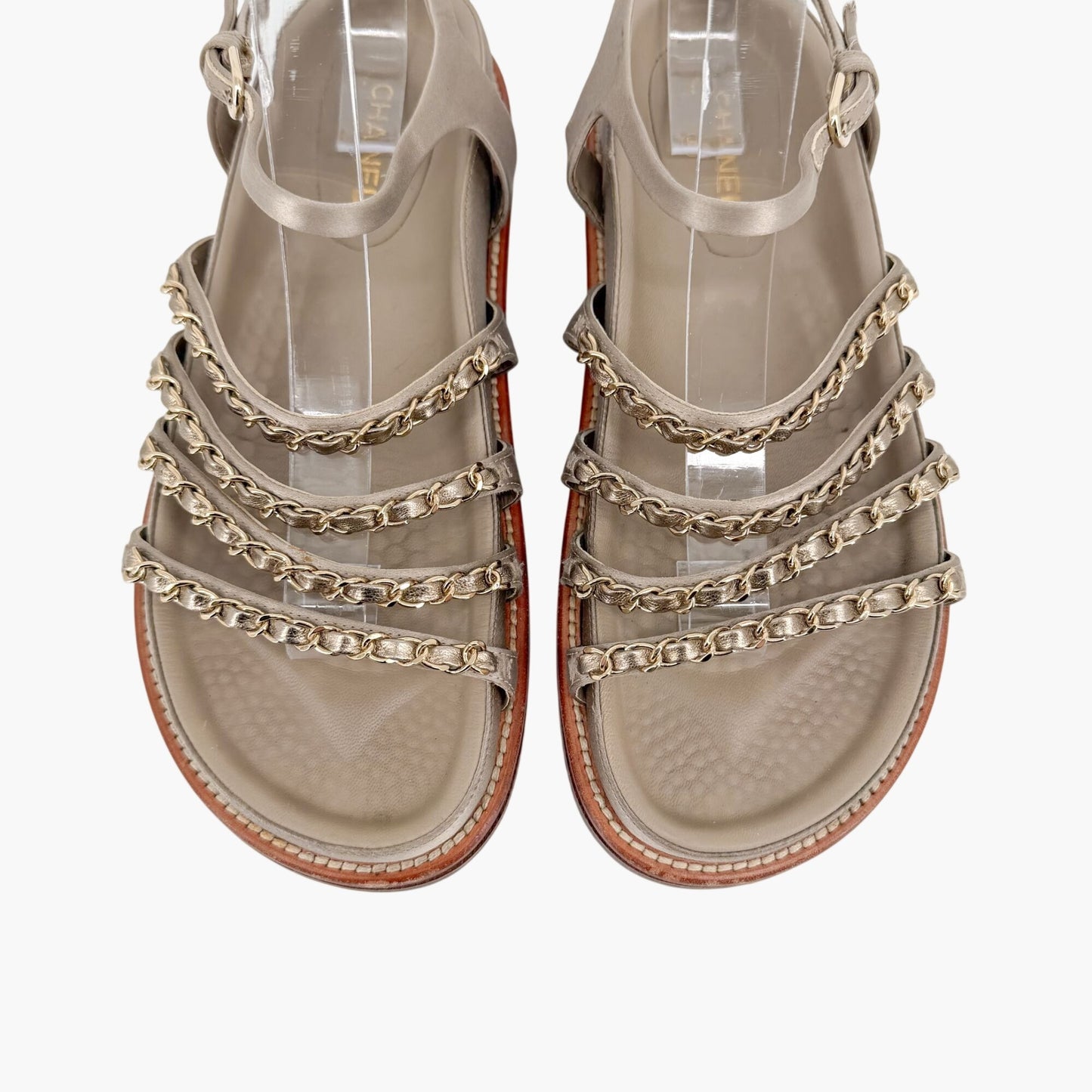 Chanel Chain Dad Sandals Gold Satin Size 38.5
