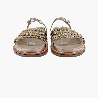 Chanel Chain Dad Sandals Gold Satin Size 38.5