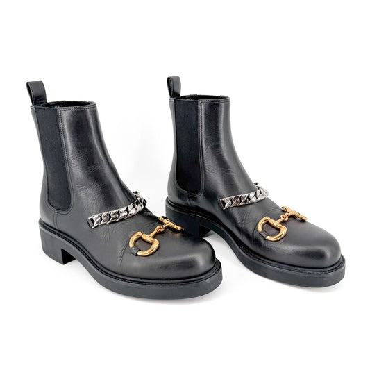 Gucci Deva Horsebit Chelsea Boots Black Leather Size 39.5