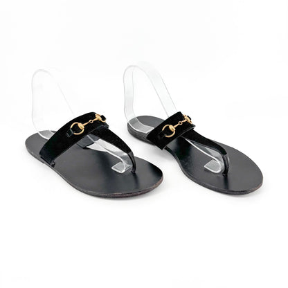 Gucci Horsebit T-Strap Flat Sandals in Black Suede – Size 40