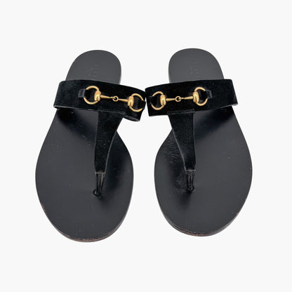 Gucci Horsebit T-Strap Flat Sandals in Black Suede – Size 40
