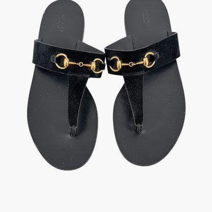 Gucci Horsebit T-Strap Flat Sandals in Black Suede – Size 40