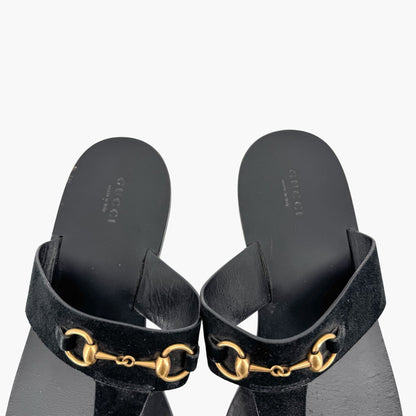 Gucci Horsebit T-Strap Flat Sandals in Black Suede – Size 40