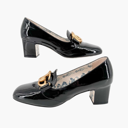 Gucci Victoire GG Block Heel Pumps in Black Patent Leather Size 39.5