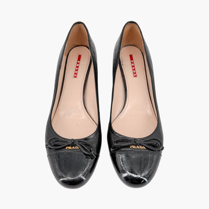 Prada Cap Toe Logo Ballet Pumps in Black Leather Size 38.5
