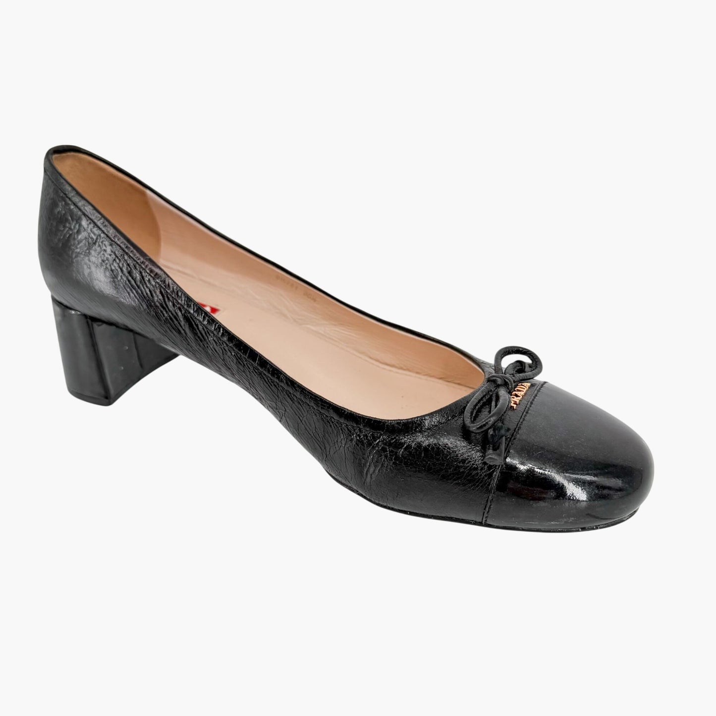 Prada Cap Toe Logo Ballet Pumps in Black Leather Size 38.5