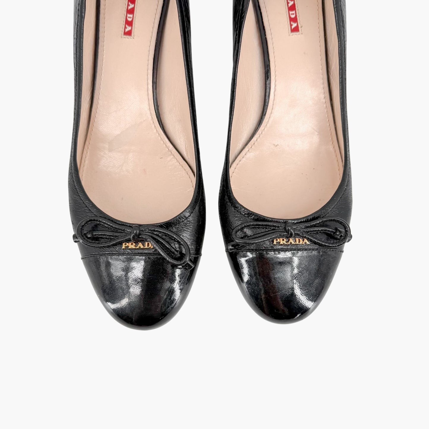 Prada Cap Toe Logo Ballet Pumps in Black Leather Size 38.5