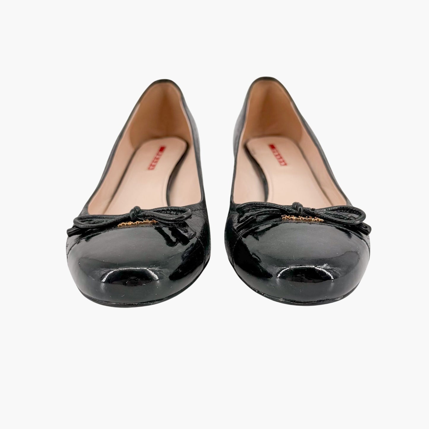 Prada Cap Toe Logo Ballet Pumps in Black Leather Size 38.5