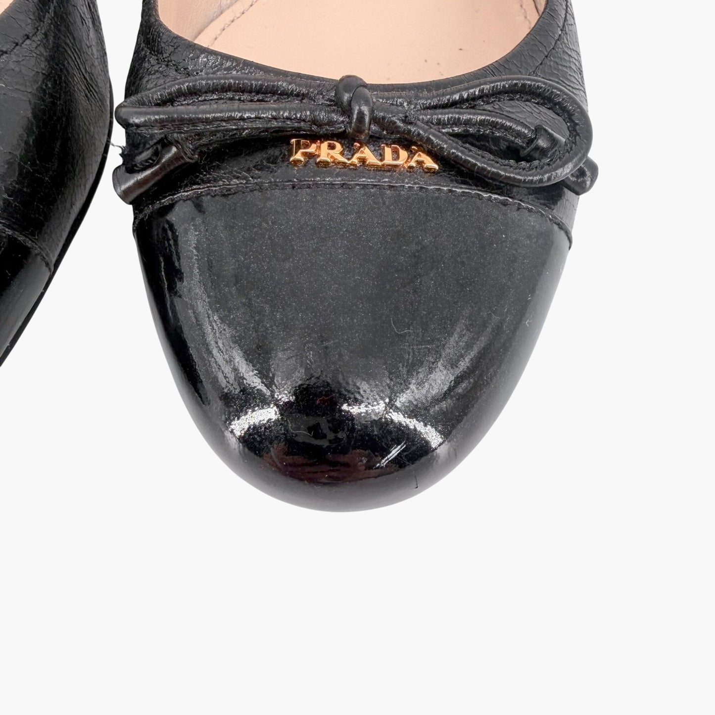 Prada Cap Toe Logo Ballet Pumps in Black Leather Size 38.5