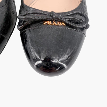 Prada Cap Toe Logo Ballet Pumps in Black Leather Size 38.5