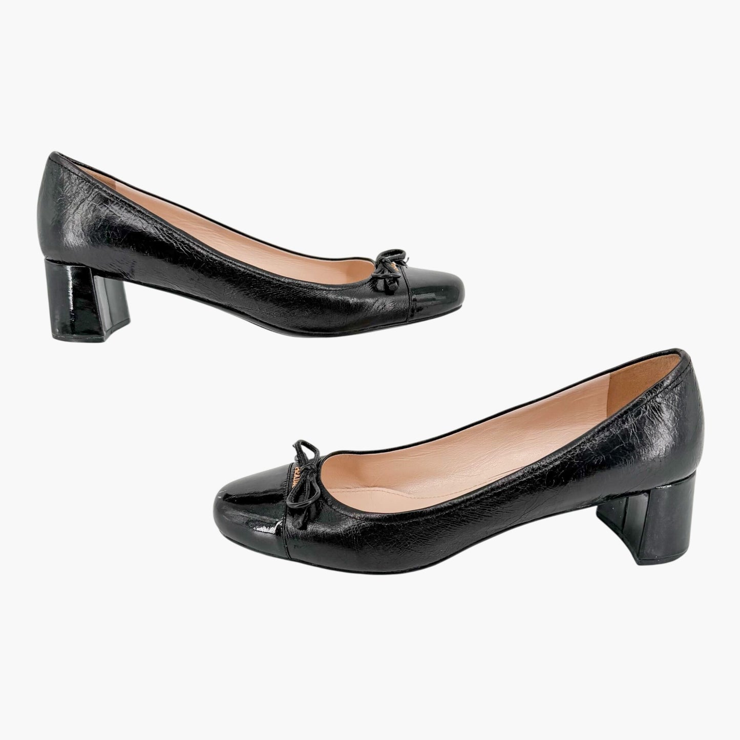 Prada Cap Toe Logo Ballet Pumps in Black Leather Size 38.5