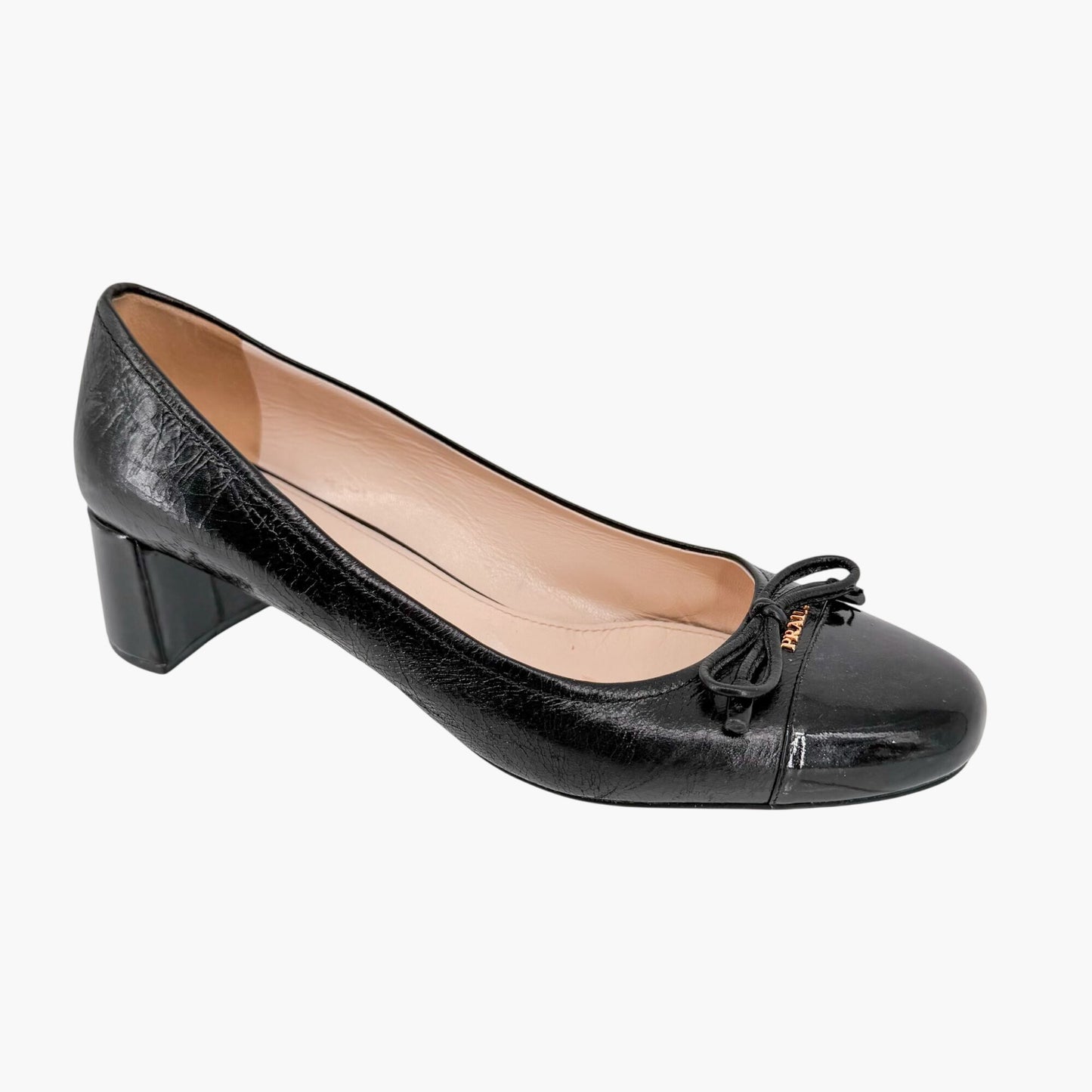 Prada Cap Toe Logo Ballet Pumps in Black Leather Size 38.5