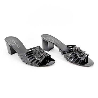 Chanel Strappy CC Block Heel Mule Sandals in Black Patent Leather Size 39