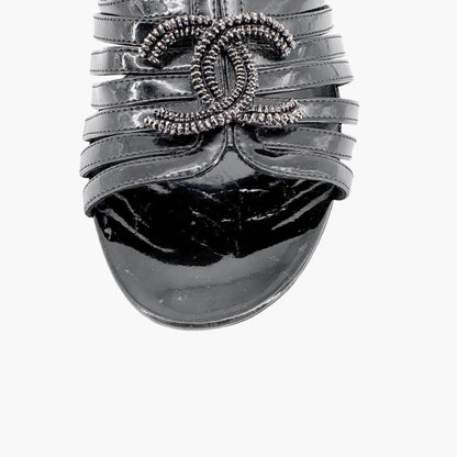 Chanel Strappy CC Block Heel Mule Sandals in Black Patent Leather Size 39