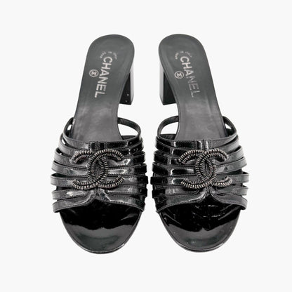 Chanel Strappy CC Block Heel Mule Sandals in Black Patent Leather Size 39