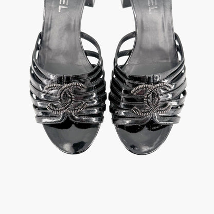 Chanel Strappy CC Block Heel Mule Sandals in Black Patent Leather Size 39