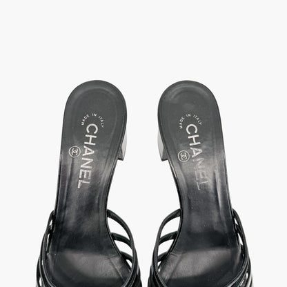 Chanel Strappy CC Block Heel Mule Sandals in Black Patent Leather Size 39