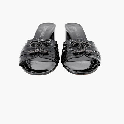 Chanel Strappy CC Block Heel Mule Sandals in Black Patent Leather Size 39