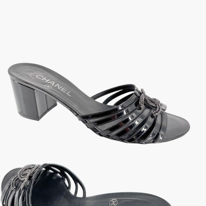 Chanel Strappy CC Block Heel Mule Sandals in Black Patent Leather Size 39