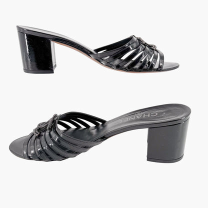 Chanel Strappy CC Block Heel Mule Sandals in Black Patent Leather Size 39