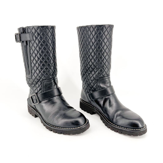 Chanel Quilted Mid-Calf Moto Boots in Black Leather Size 37.5