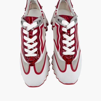 Christian Louboutin Sharkina Sneakers in White Mesh & Red Patent Leather – Size 40