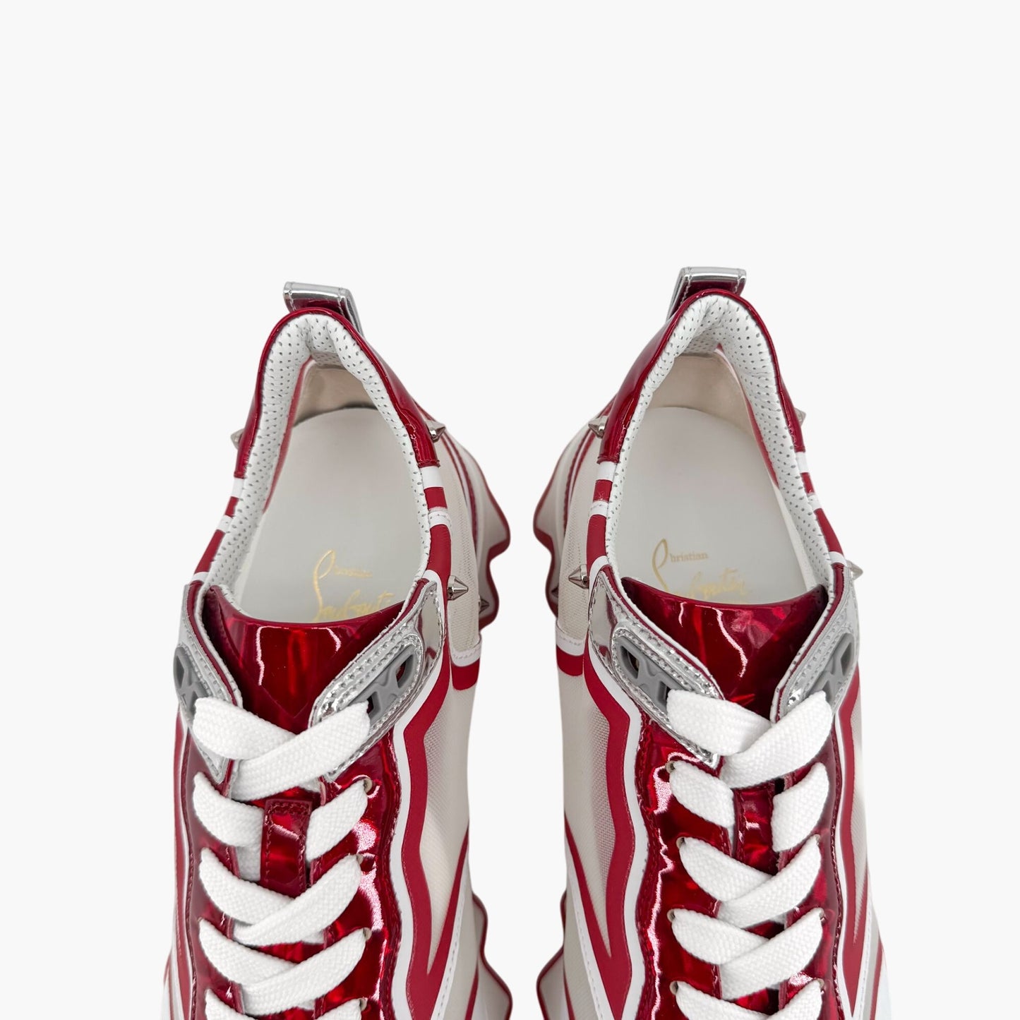 Christian Louboutin Sharkina Sneakers in White Mesh & Red Patent Leather – Size 40