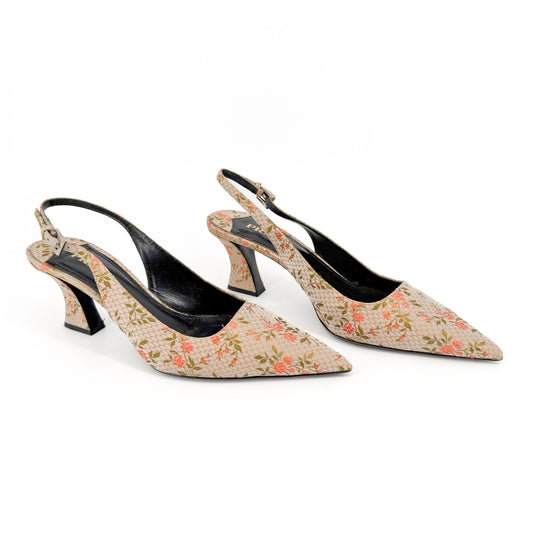 Prada Floral Embroidered Slingback Pumps Beige Size 39